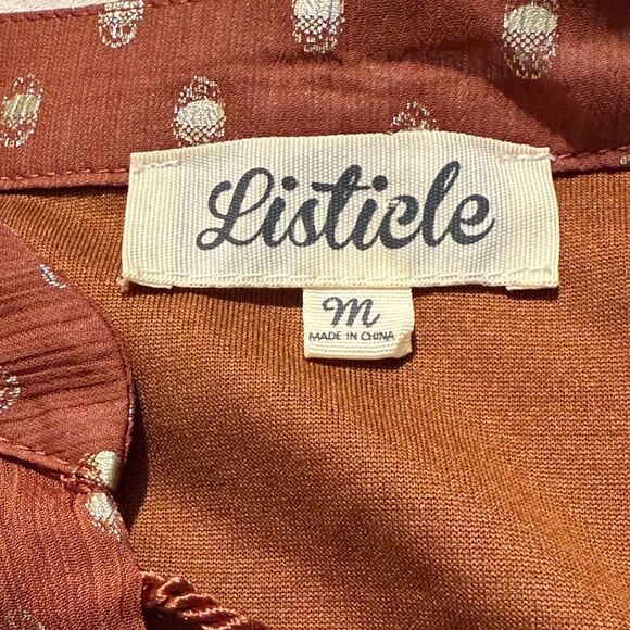 Listicle Rust Brown Gold Metallic Polka Dot Ruffle Long Sleeve Peasant Blouse - Picture 16 of 16